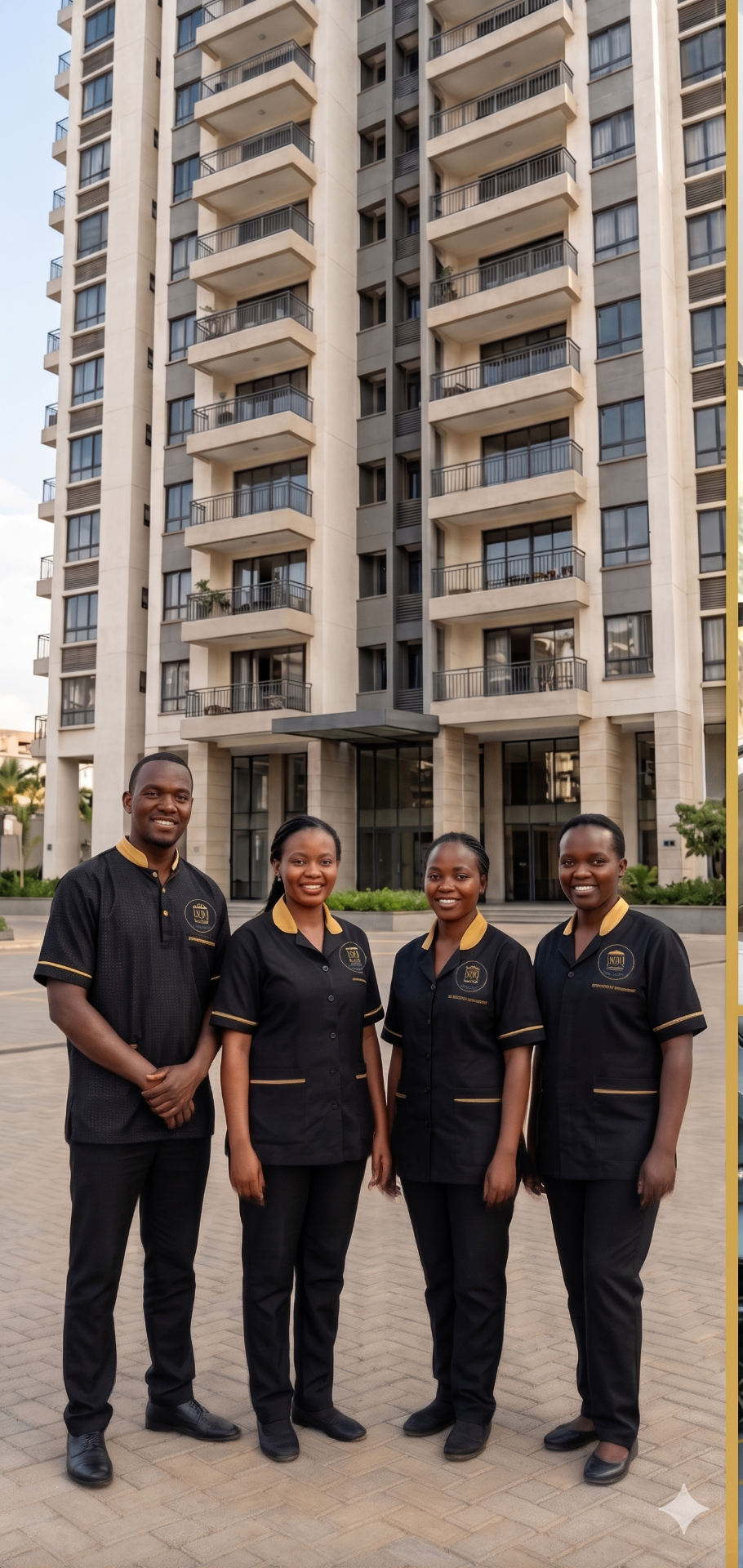 SSJ Property Management team in uniform outside a high-end Nairobi residential tower